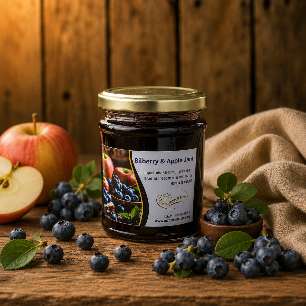 Jar of bilberry and apple jam with blueberries and an apple on a wooden surface