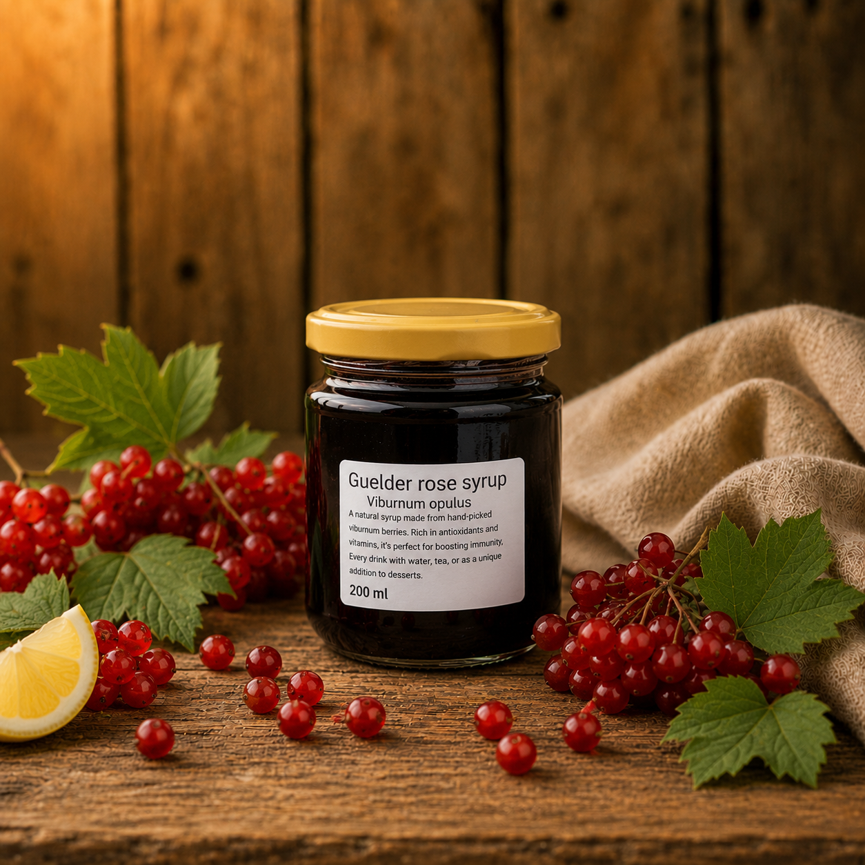 Jar of Guilder rose syrup with red currants and a lemon wedge on a wooden surface.