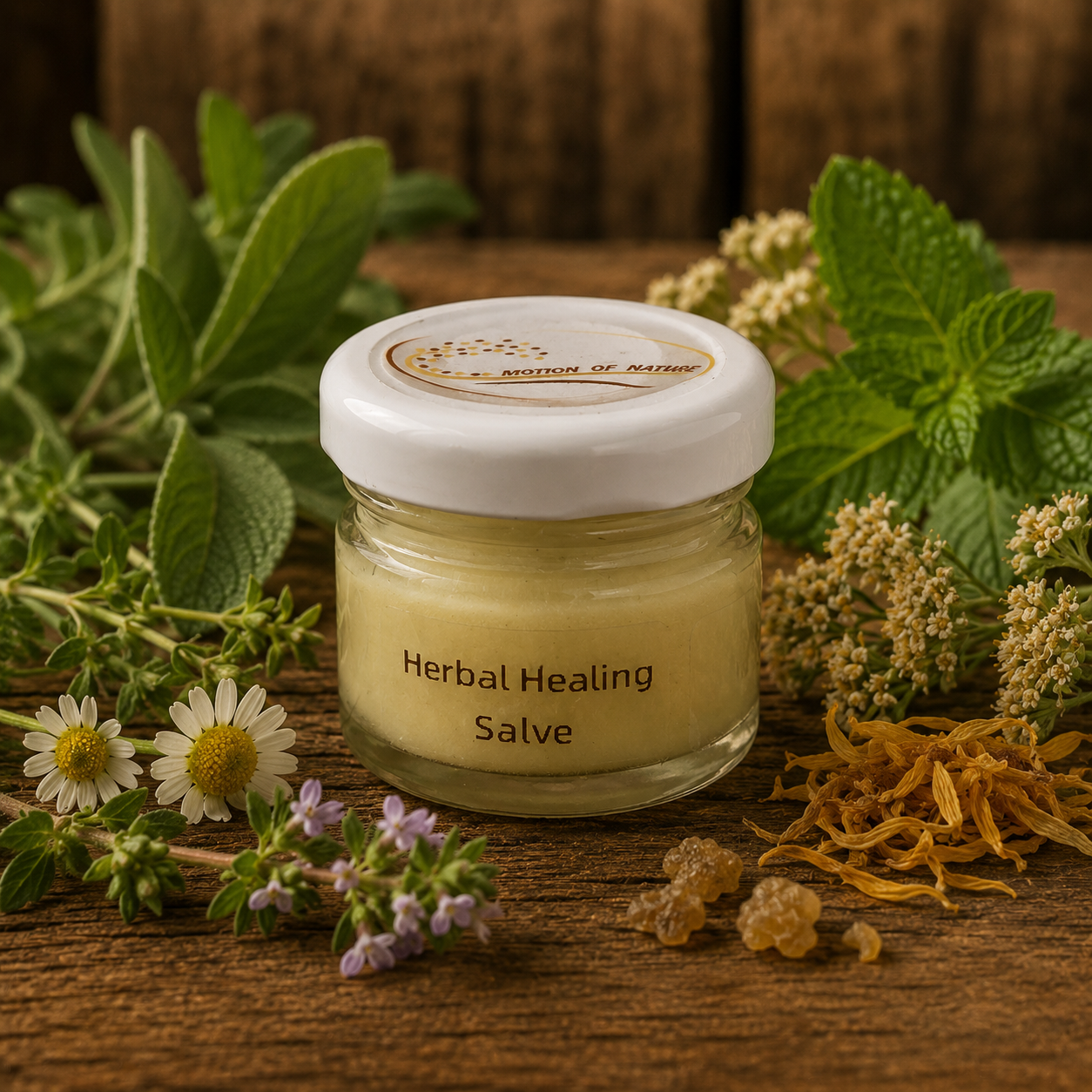Jar of Herbal Healing Salve surrounded by herbs on a wooden surface