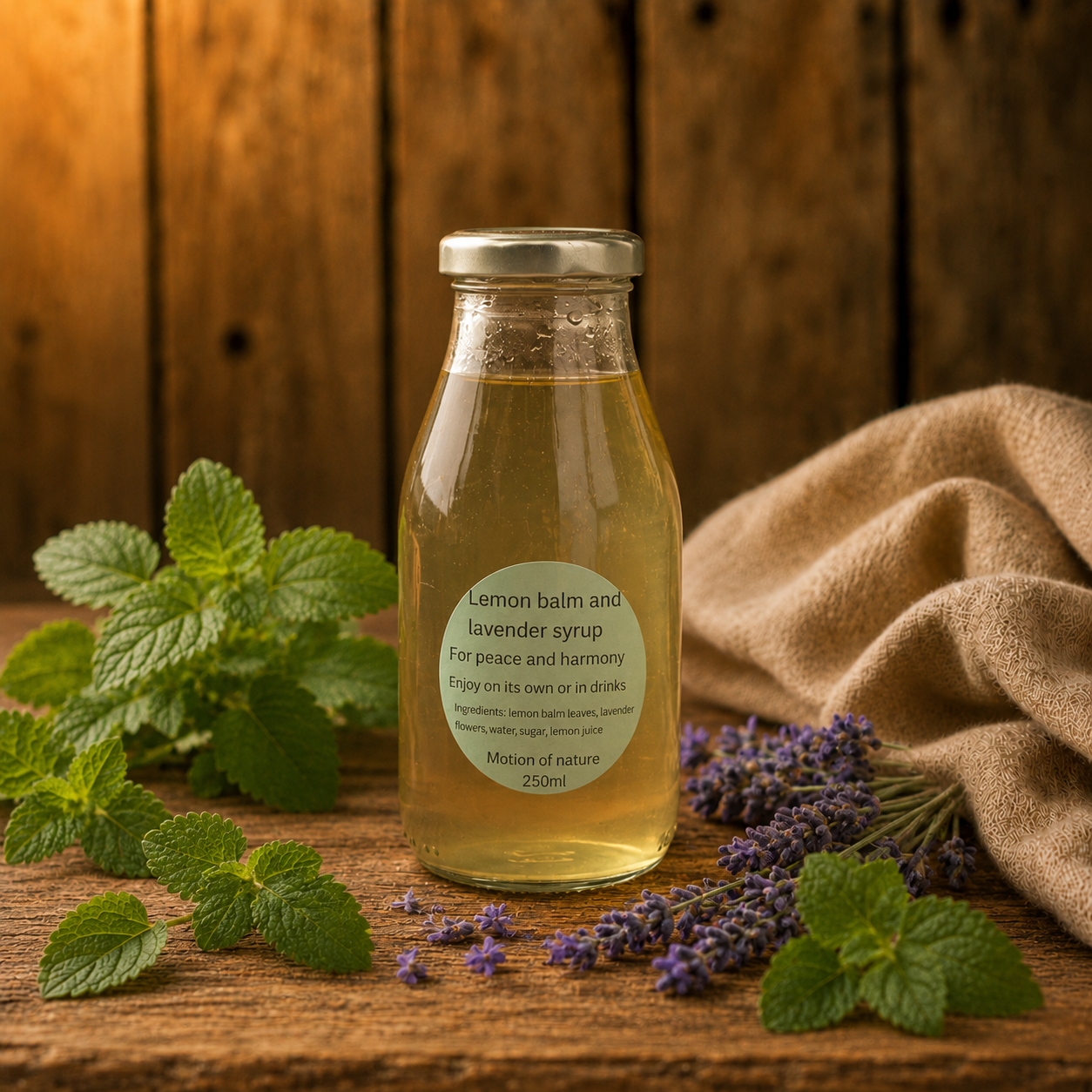 Bottle of lemon balm and lavender syrup with herbs on a wooden surface