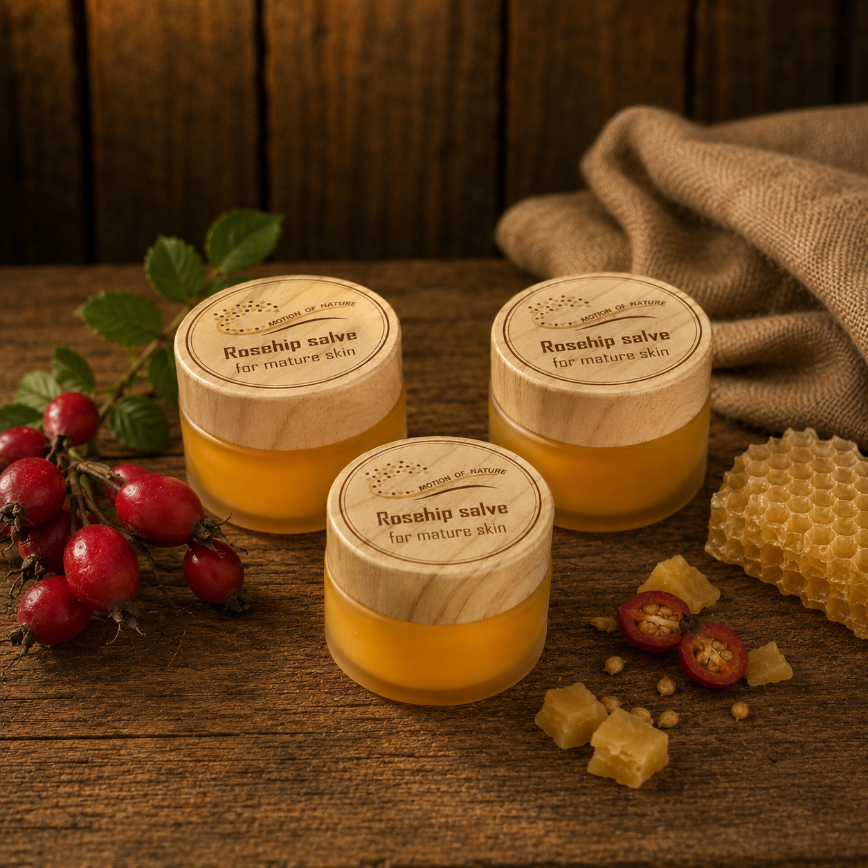 Three jars of Rosaship salve on a wooden surface with honeycomb and rosehips.