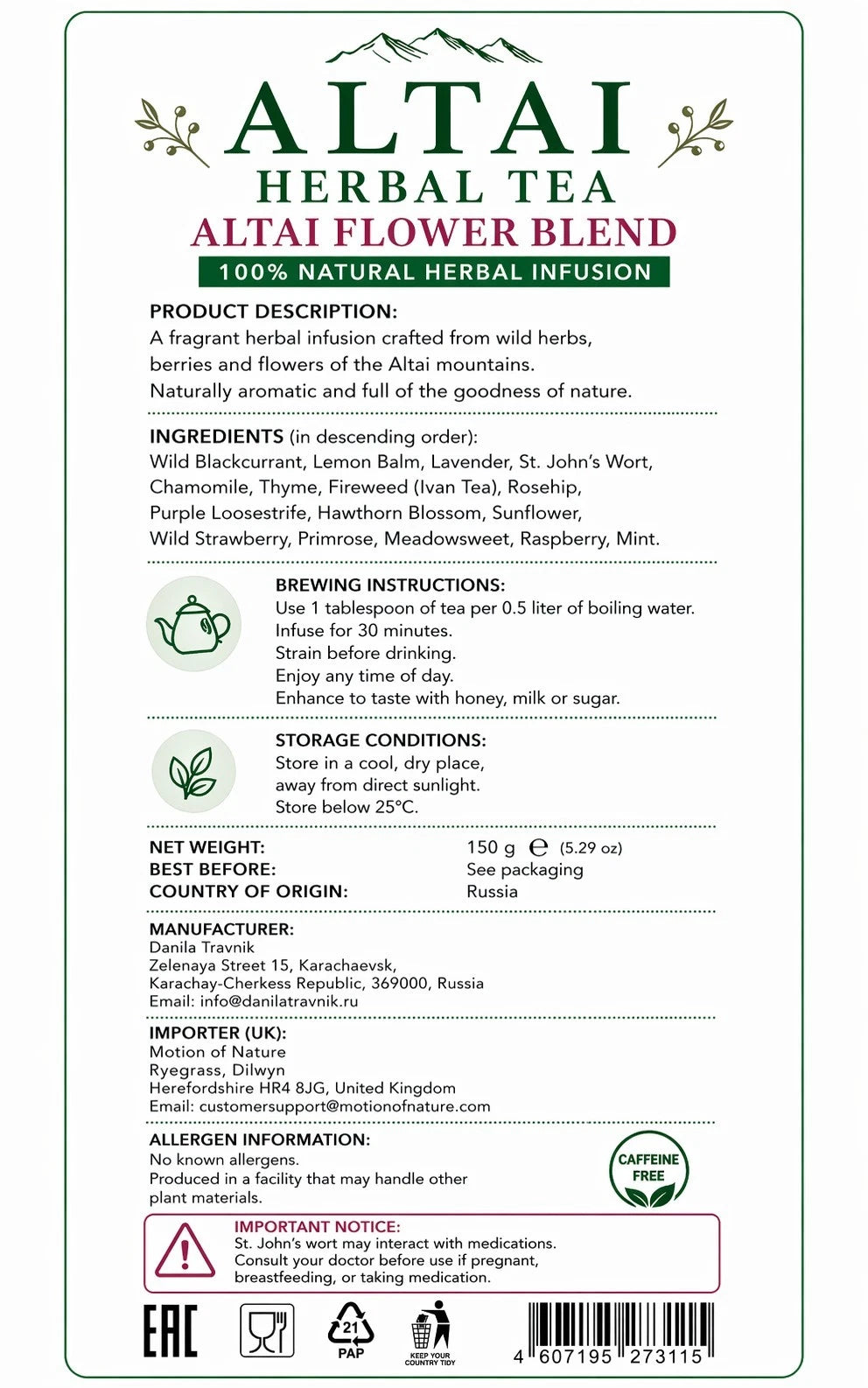 Altai Herbal Tea packaging with tea blend description, brewing instructions, and product details.