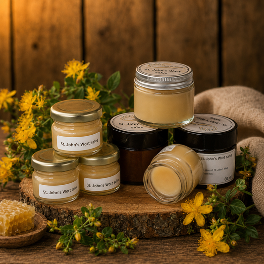 Jars of St. John's Wort salve on a wooden surface with flowers and honeycomb.