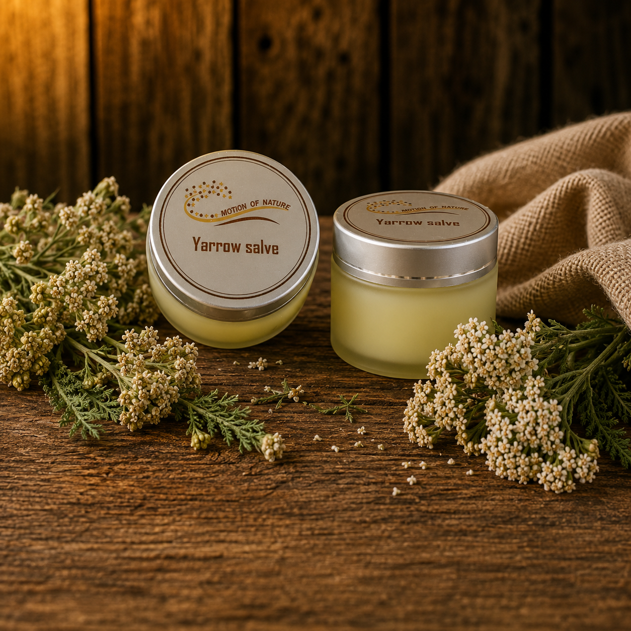 Two jars of Yarrow salve on a wooden surface with dried yarrow plants.