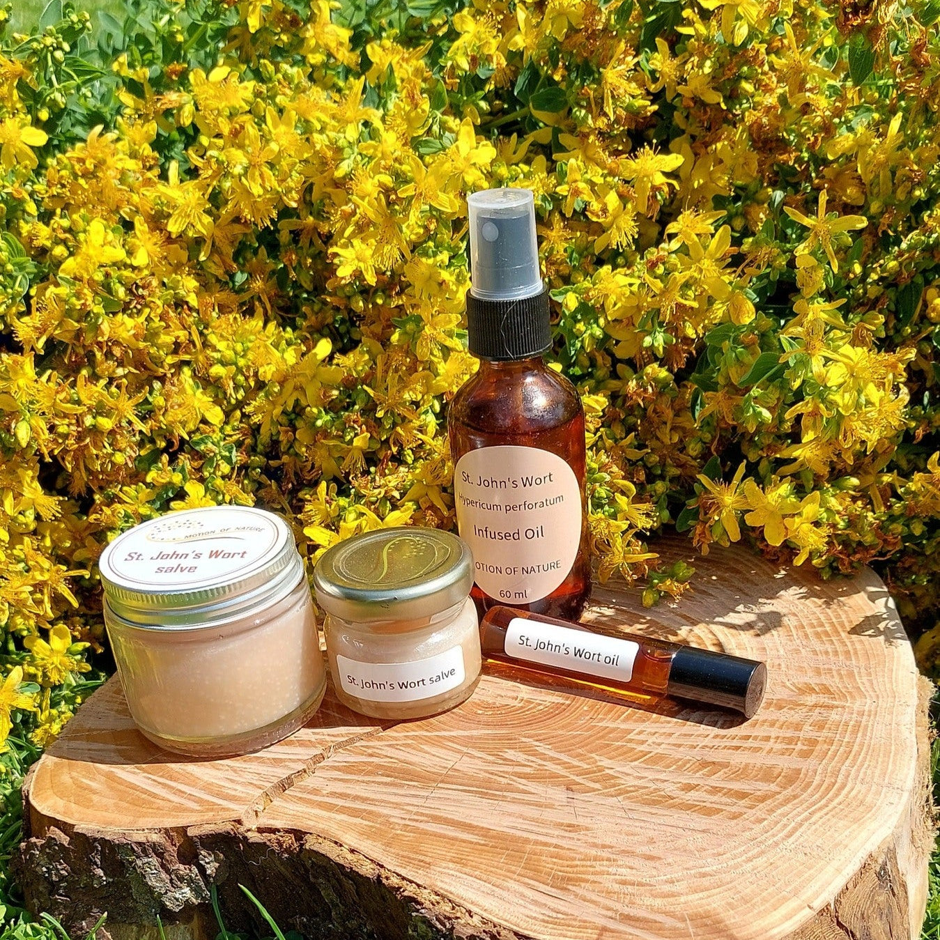 Skincare products on a wooden log with yellow flowers in the background