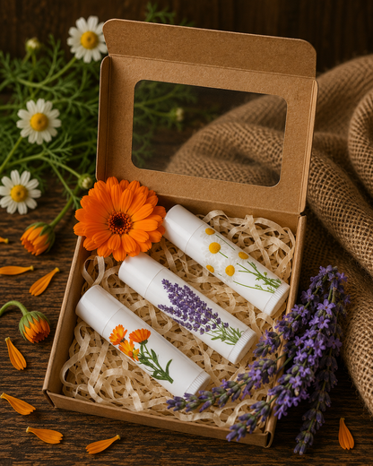 Three lip balms in a cardboard box with floral decorations on a wooden surface.