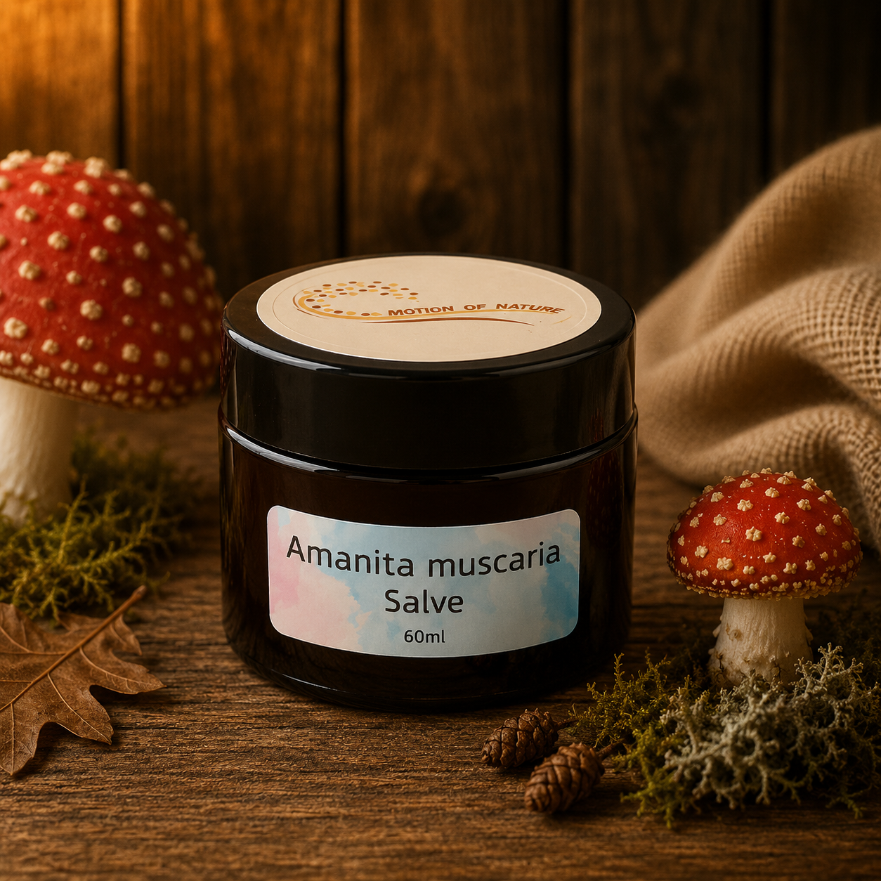 Jar of Amanita muscaria Salve with mushrooms and nature-themed elements on a wooden background