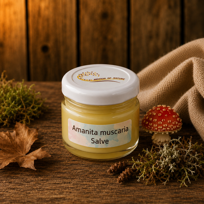 Jar of Amanita muscaria Salve with natural elements on a wooden surface