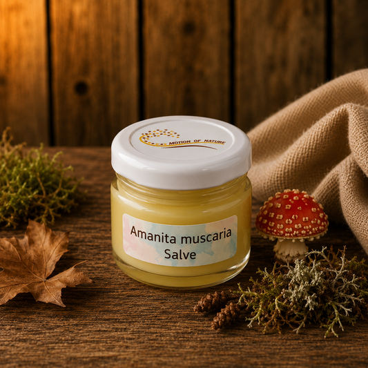 Jar of Amanita muscaria Salve with natural elements on a wooden surface