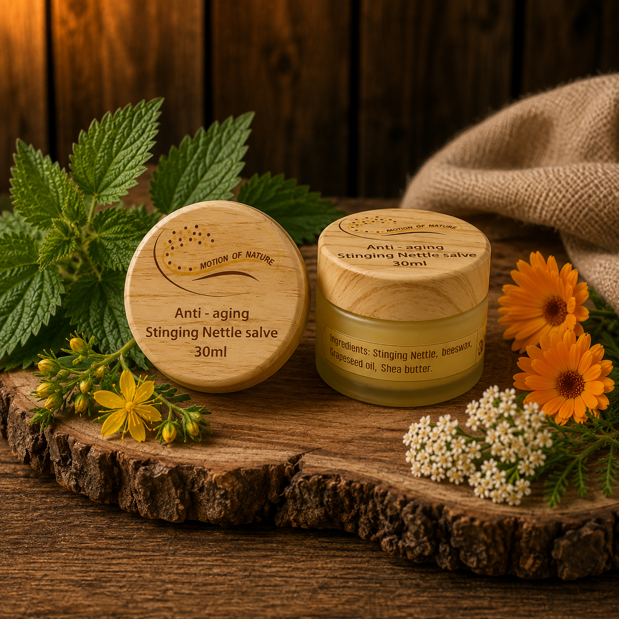 Two jars of 'Anti-aging Stinging Nettle salve' on a wooden surface with herbs and flowers.