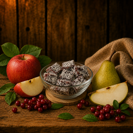 Glass bowl of dried fruit on a wooden table with apples, pears, and berries.