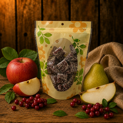 Packaged dried fruit on a wooden surface with apples, pears, and berries.