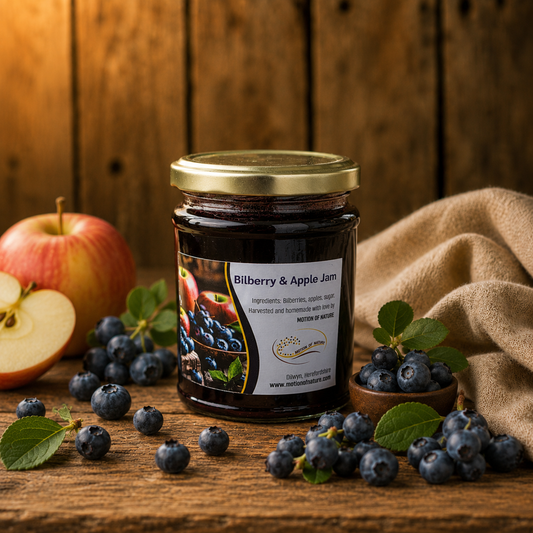 Jar of bilberry and apple jam with blueberries and an apple on a wooden surface