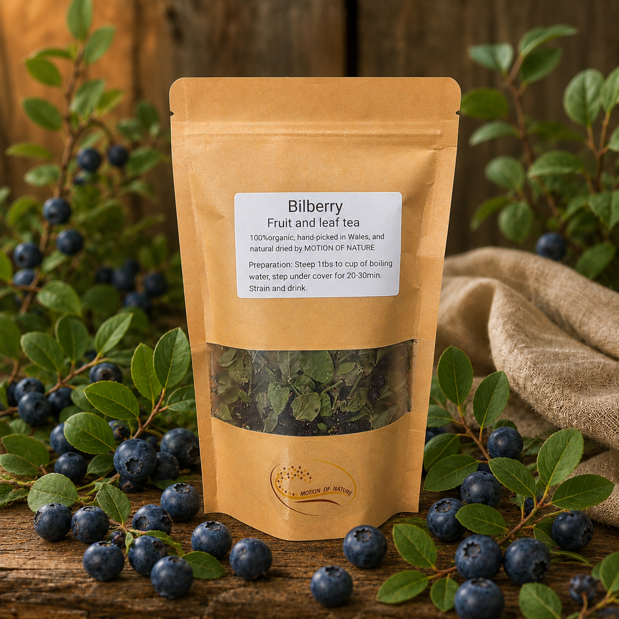 Bilberry fruit and leaf tea package with bilberries and leaves on a wooden surface