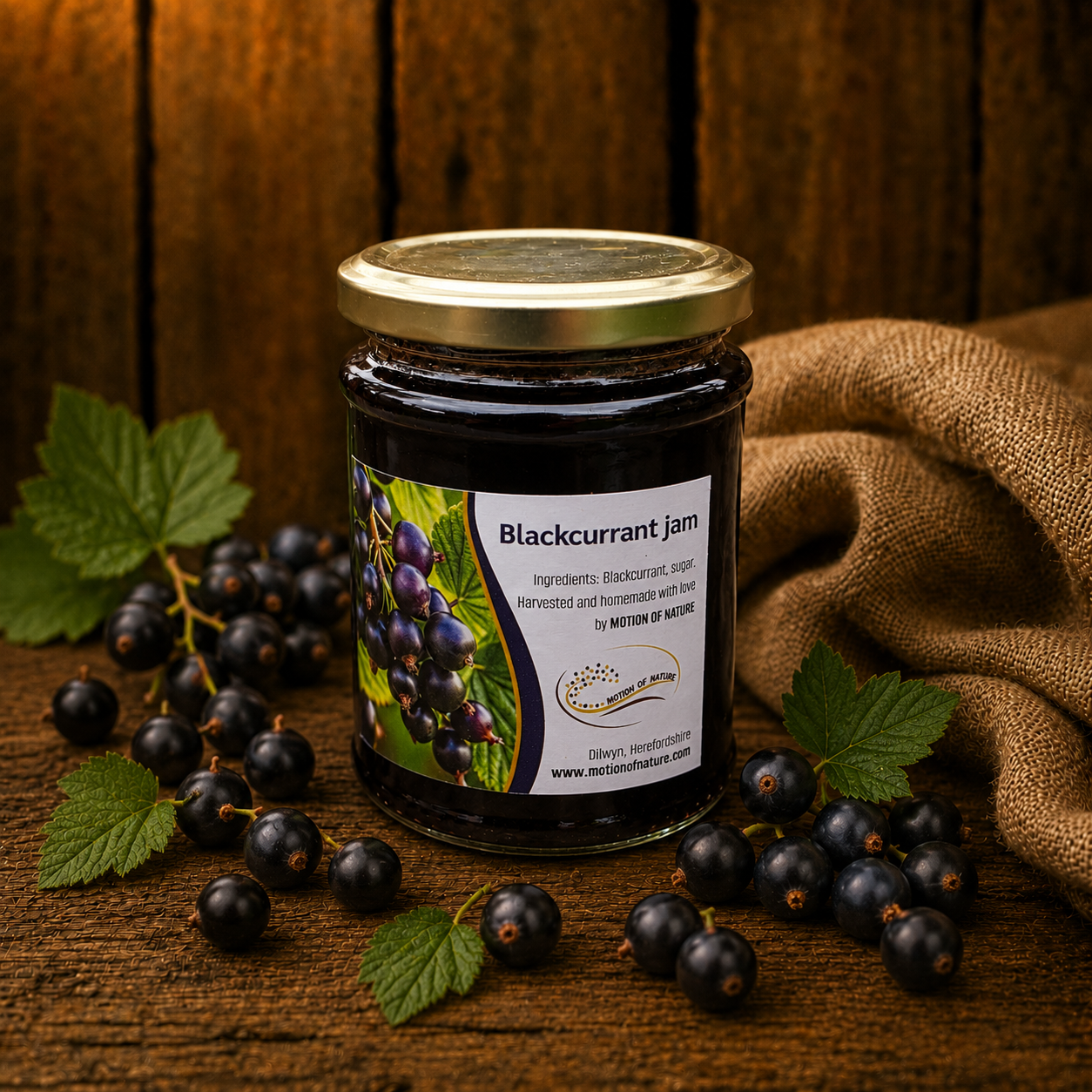 Jar of blackcurrant jam with fresh blackcurrants on a wooden surface