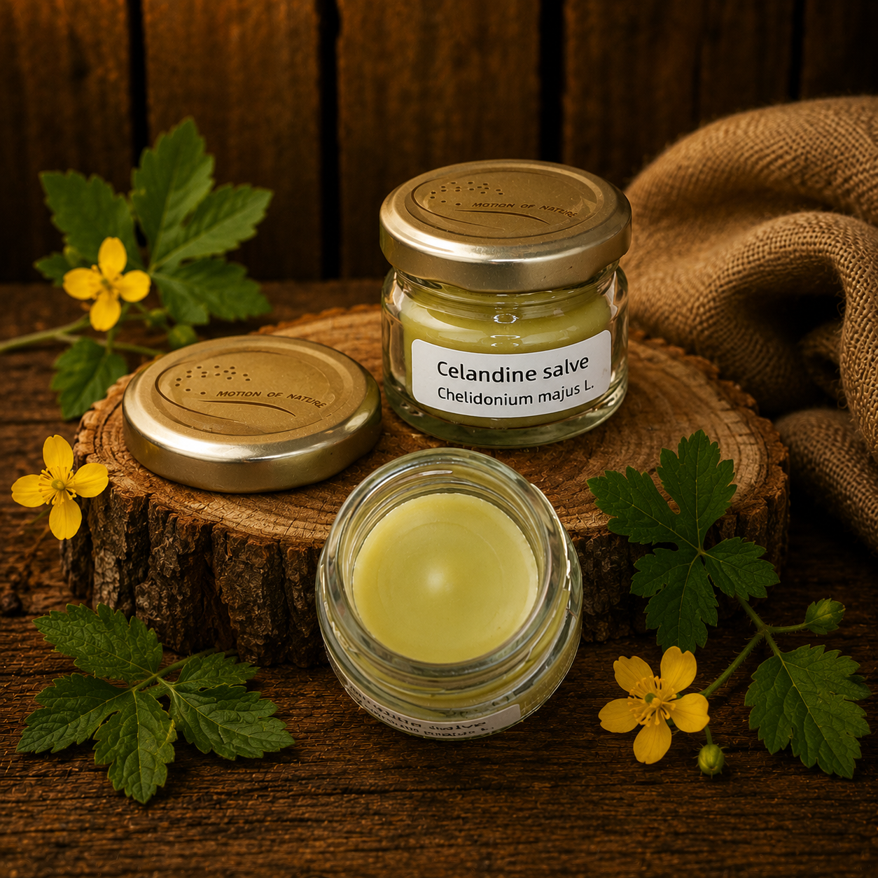 Two jars of Celandine salve on a wooden surface with flowers and leaves.