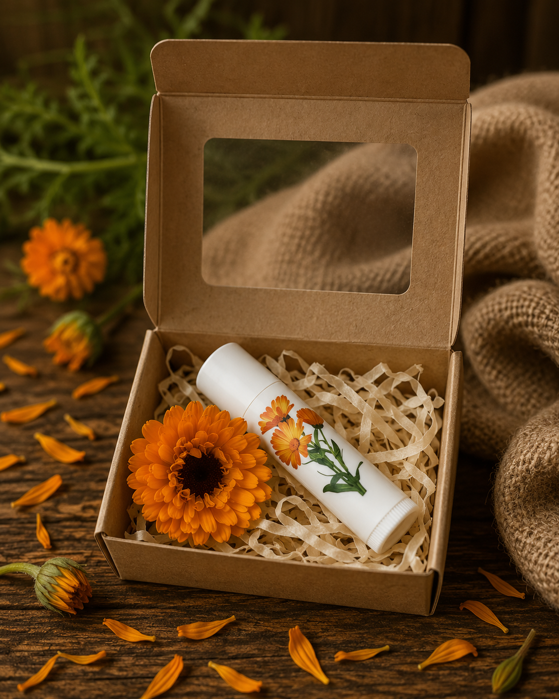 Lip balm with floral design in a brown gift box on a rustic wooden surface with calendula flowers.