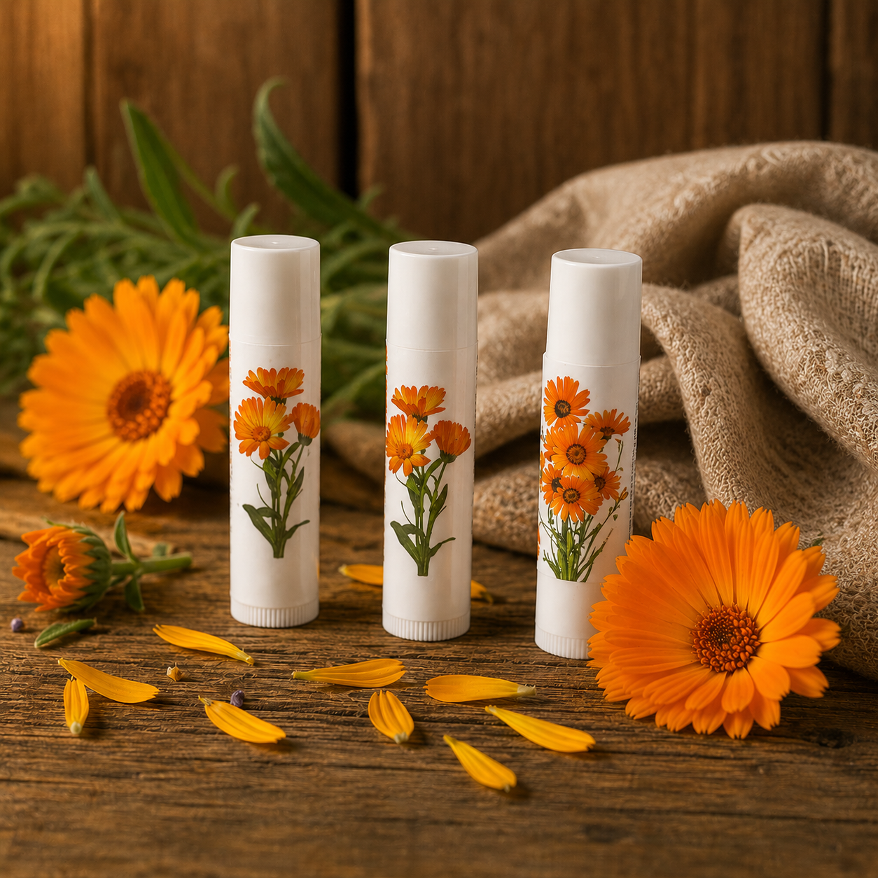 Three white candles with floral designs surrounded by orange flowers on a wooden surface.