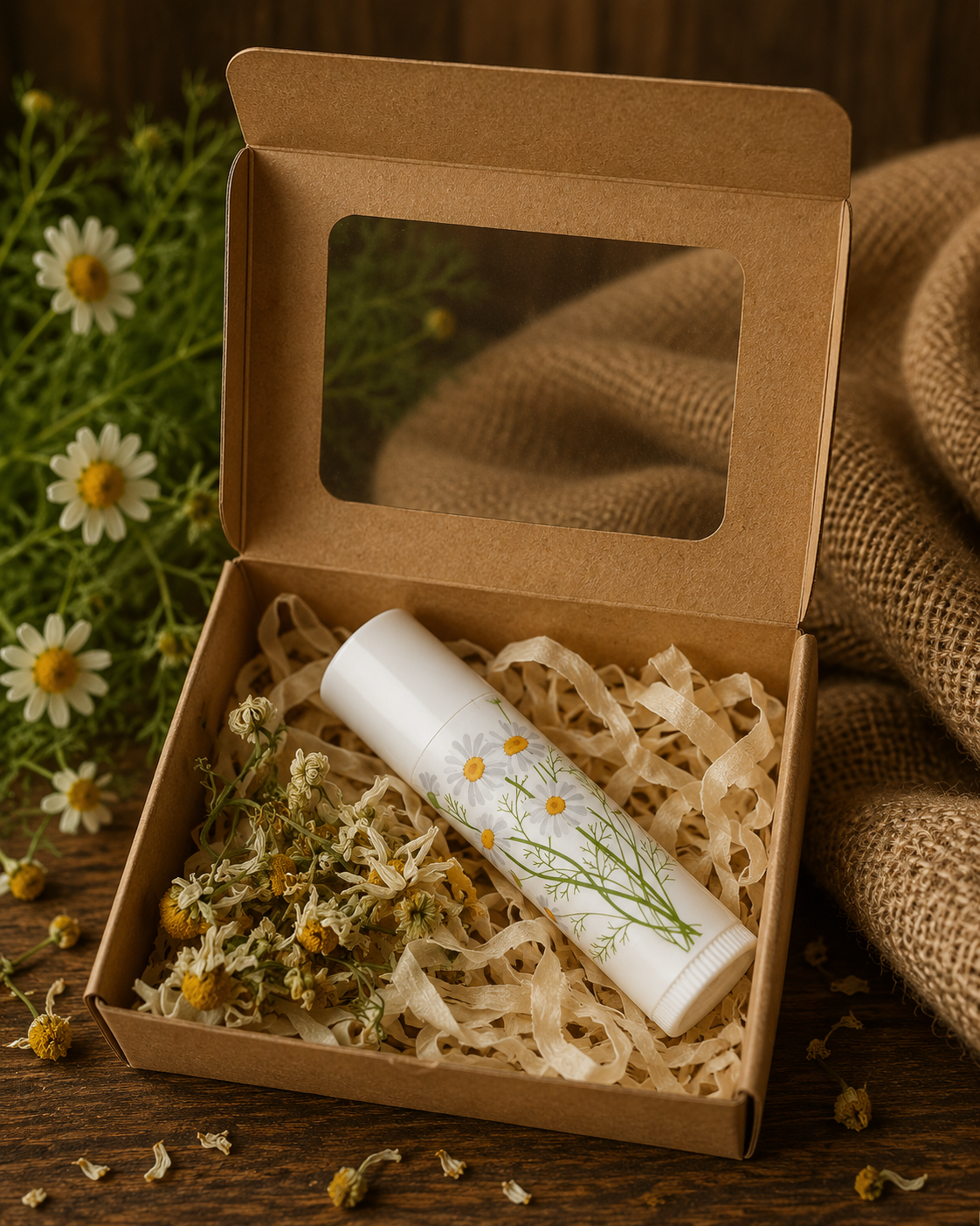 Cosmetic product in a brown box with natural elements on a rustic background
