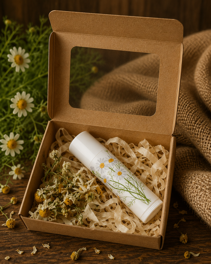 Cosmetic product in a brown box with natural elements on a rustic background