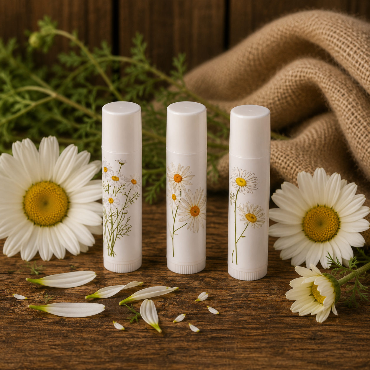 Four white lip balm tubes with floral designs on a wooden surface with daisies.