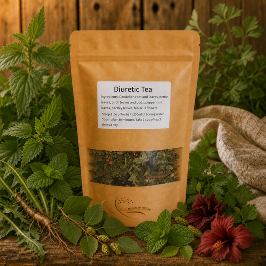 Diuretic tea package with herbs and flowers on a wooden background
