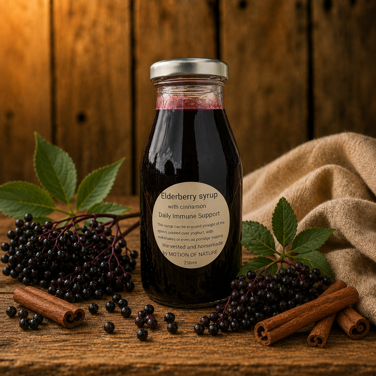 Bottle of elderberry syrup with ingredients on a wooden surface