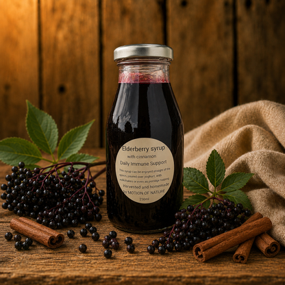 Bottle of elderberry syrup with ingredients on a wooden surface