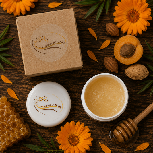 Bowl of honey, box, and honeycomb with flowers on a wooden surface