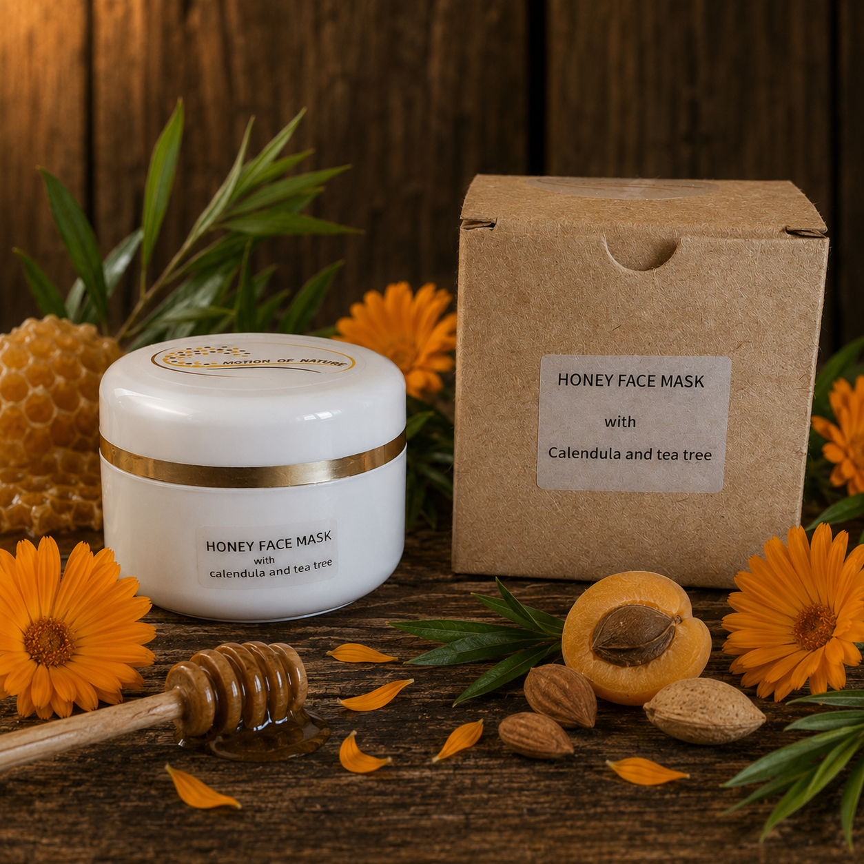 Honey face mask jar and packaging with natural ingredients on a wooden background