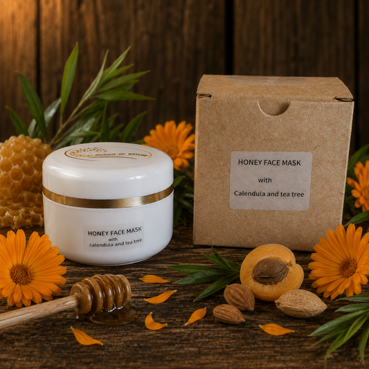 Honey face mask jar and packaging with natural ingredients on a wooden background