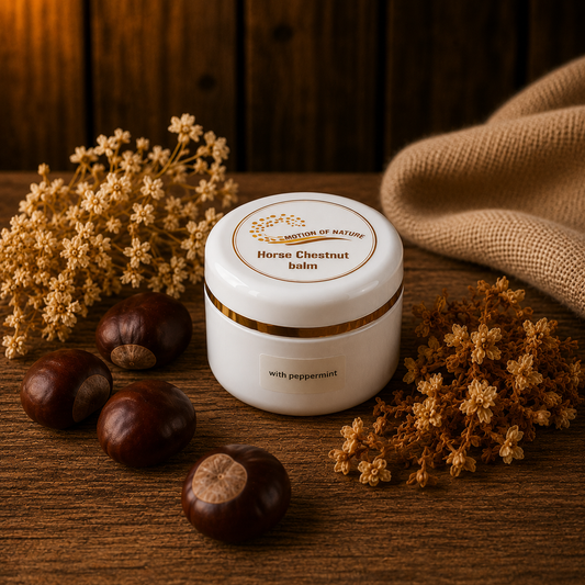 Jar of Horse Chestnut balm on a wooden surface with chestnuts and flowers