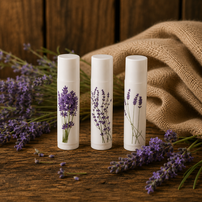 Three white lip balm tubes with lavender designs on a wooden surface with lavender flowers.