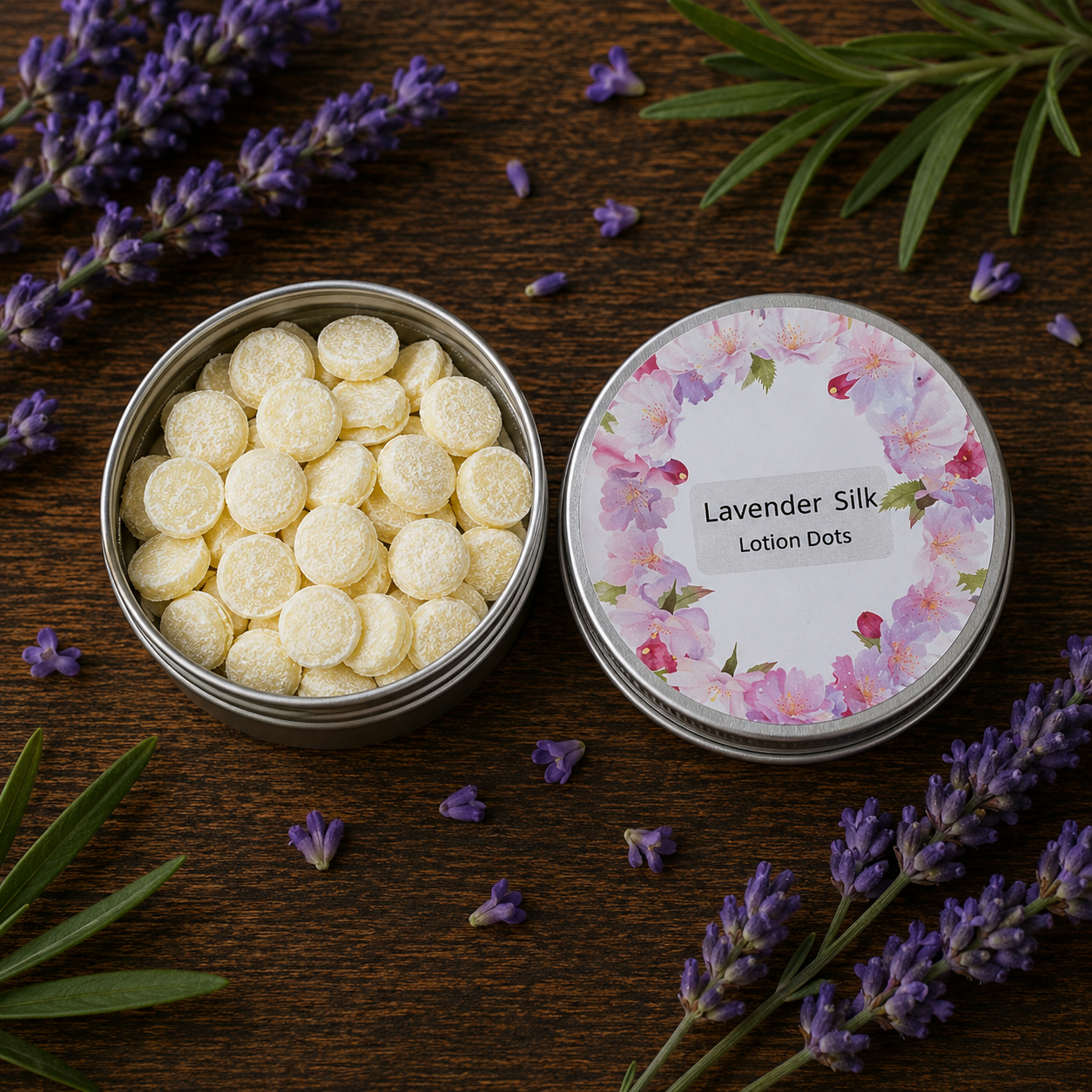 Lavender Silk Lotion Dots in a tin with lavender flowers on a wooden surface