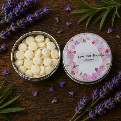 Lavender Silk Lotion Dots in a tin with lavender flowers on a wooden surface