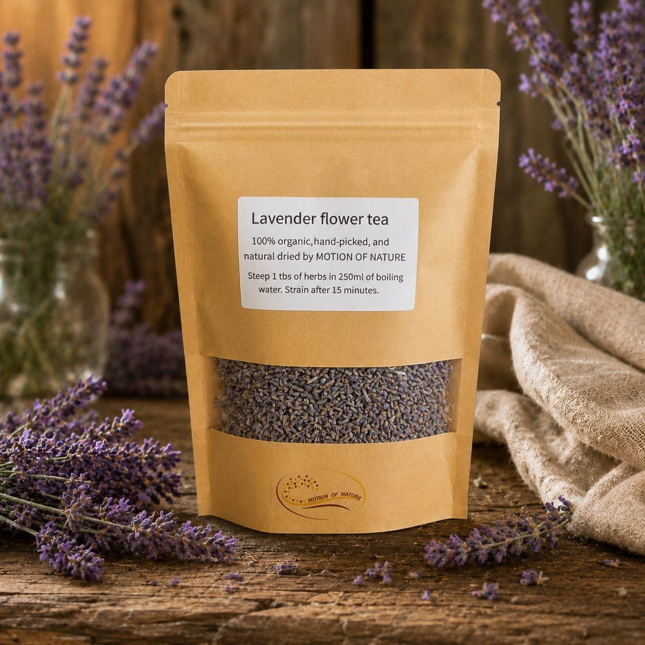 Brown package of lavender flower tea with lavender flowers around on a wooden surface