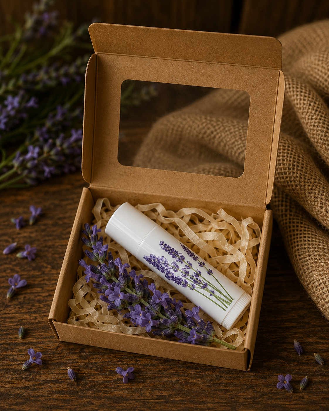 Lavender-themed product in a brown box with lavender flowers on a wooden surface