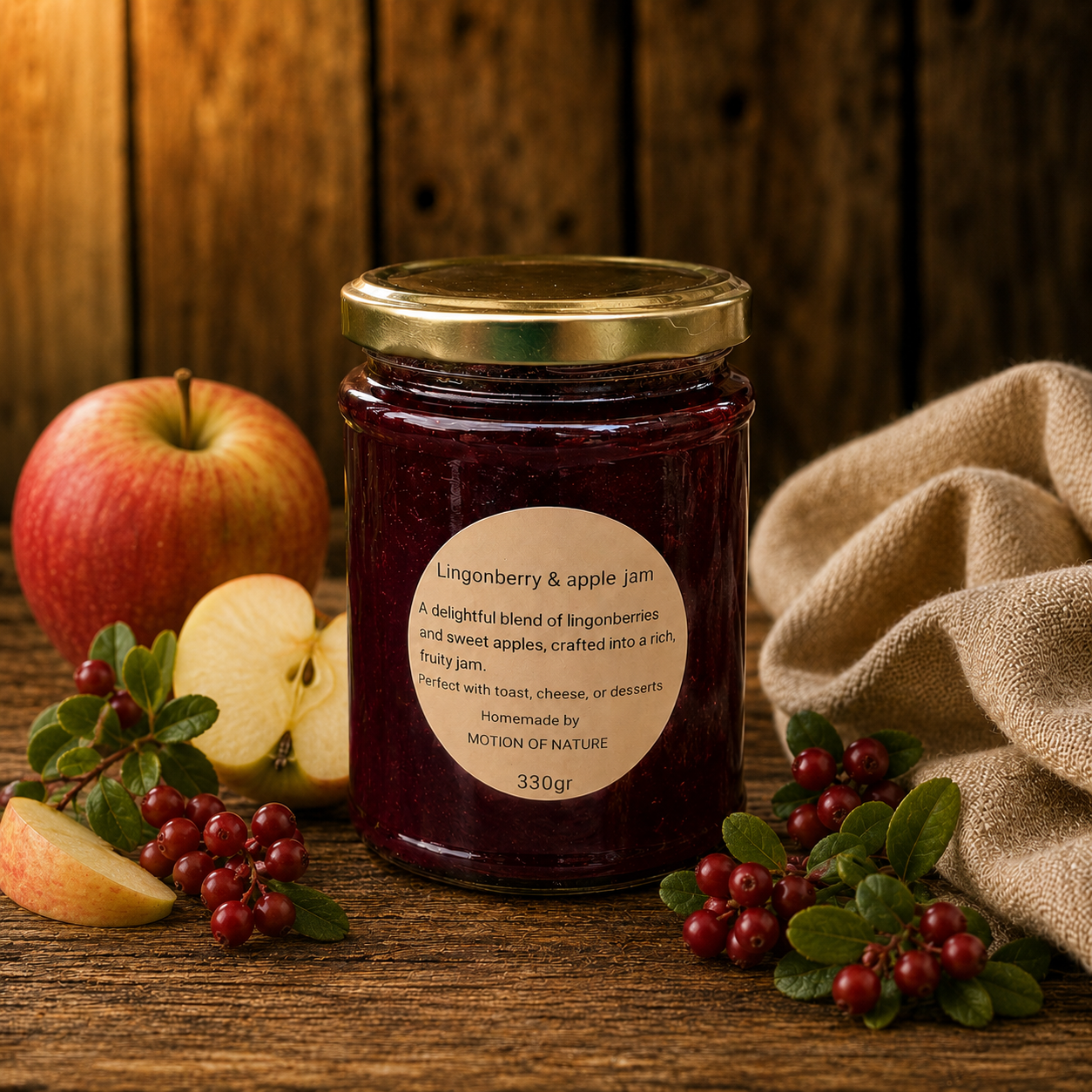 Jar of Lingenberry & Apple Jam with apples and berries on a wooden surface