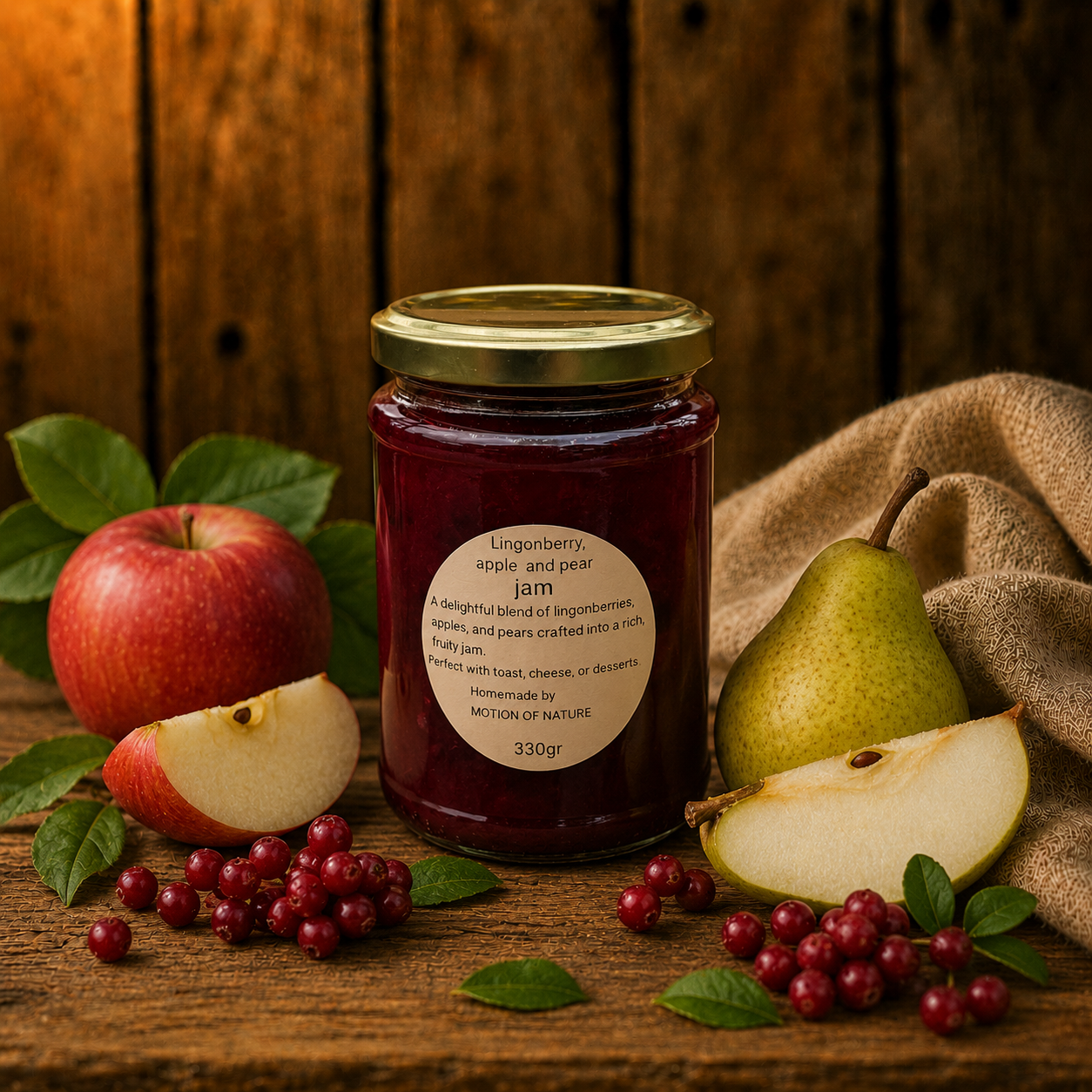 Jar of lingonberry and pear jam with apples, pears, and berries on a wooden surface.