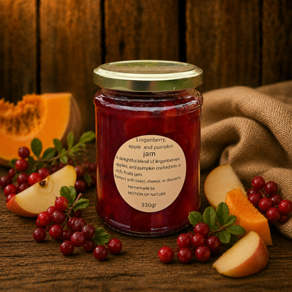 Jar of lingonberry, apple and pumpkin jam with ingredients on a wooden surface