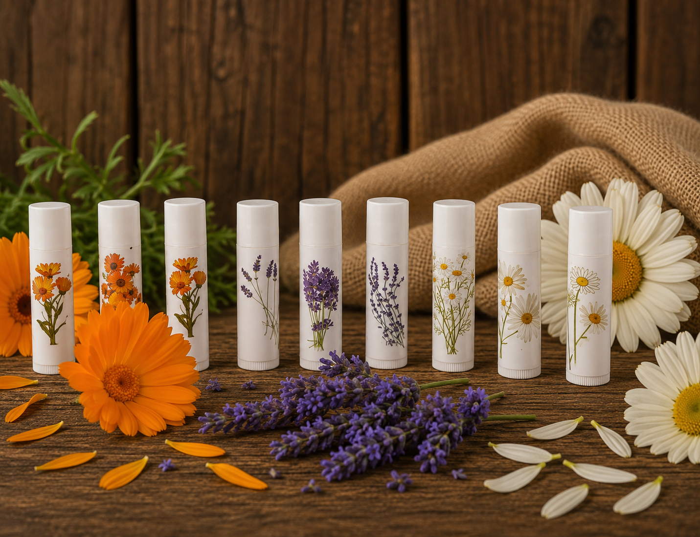 Set of lip balms with floral designs on a wooden surface with flowers and fabric.