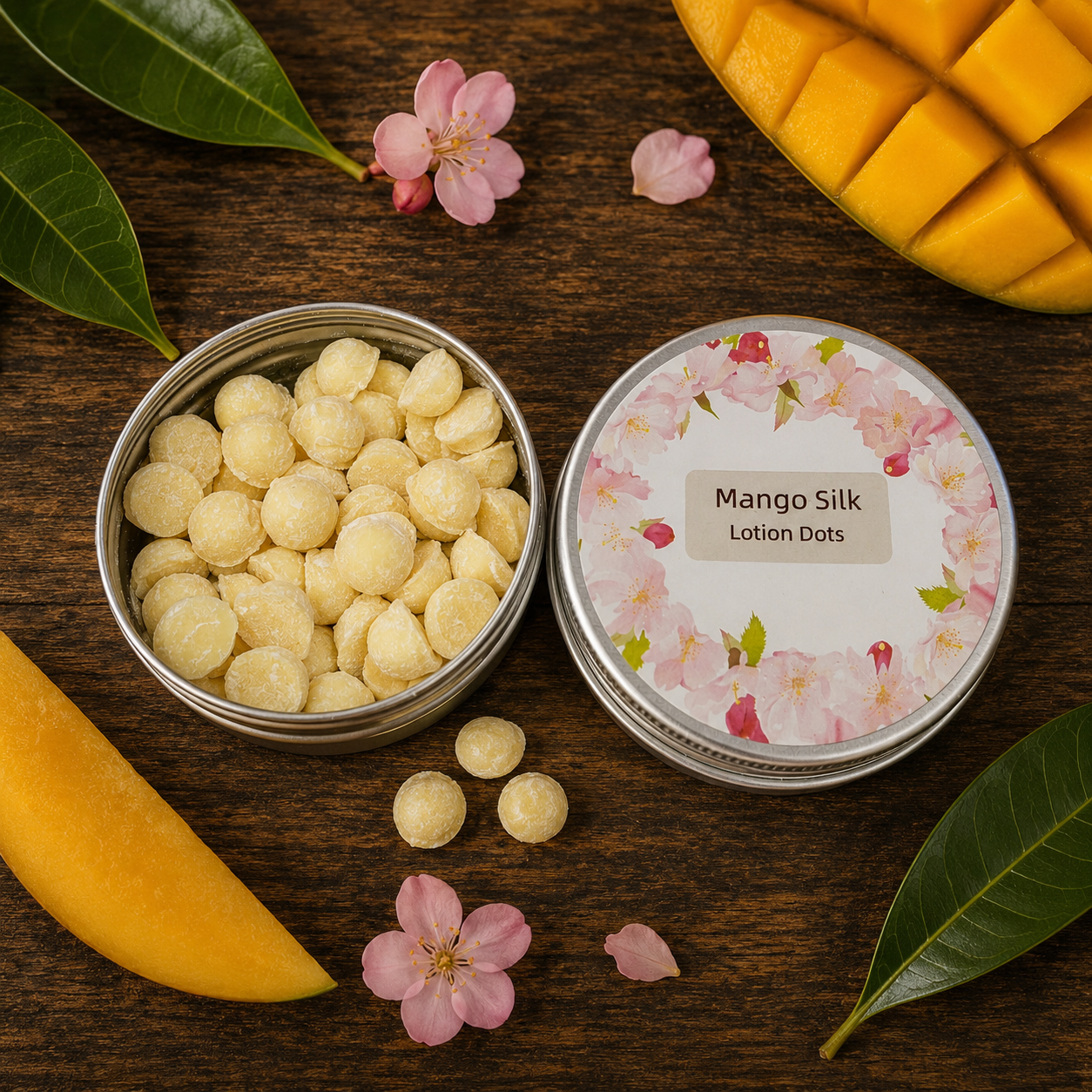 Mango Silk Lotion Dots packaging with mango slices and flowers on a wooden surface