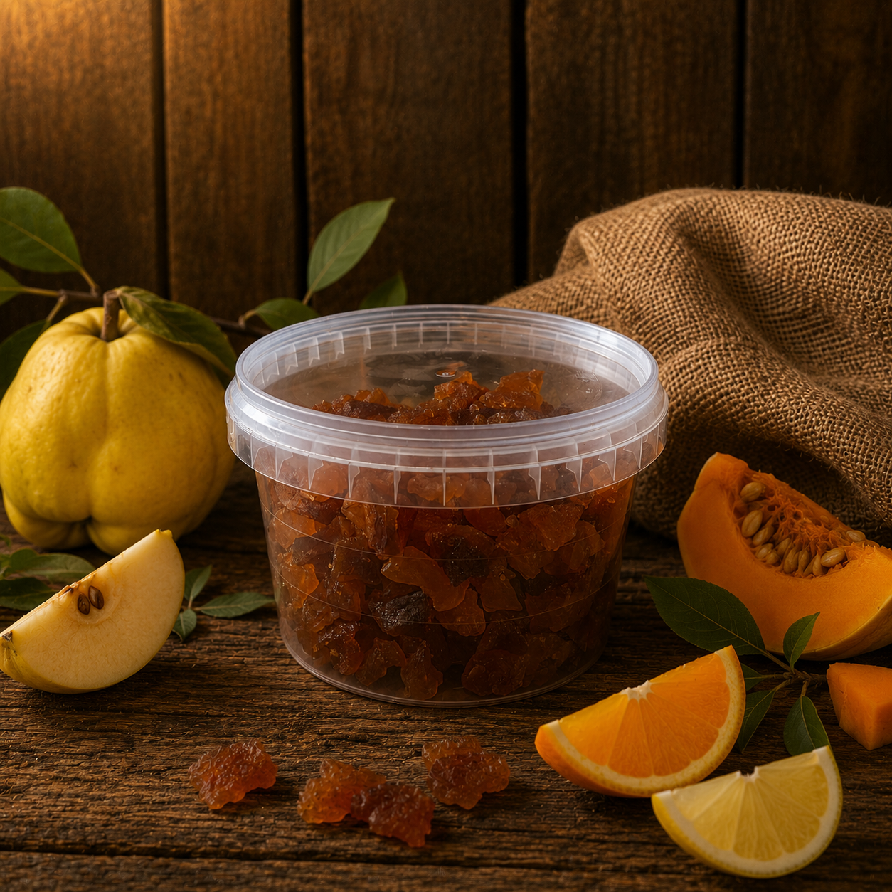 Container of dried fruit on a wooden surface with quince, orange, and lemon.