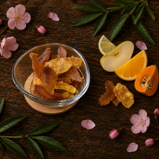 Dried fruit in a glass bowl on a wooden surface with flowers and citrus slices.