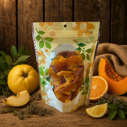 Packaged dried fruit on a wooden surface with fruits and leaves around