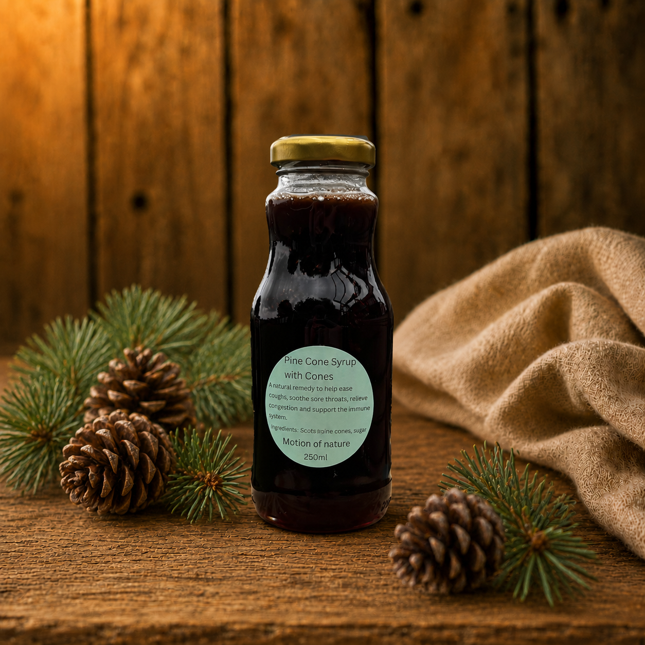 Bottle of syrup with a label, surrounded by pine cones and branches on a wooden surface.