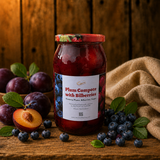 Jar of Plum Compote with Bilberries on a wooden surface with plums and bilberries around