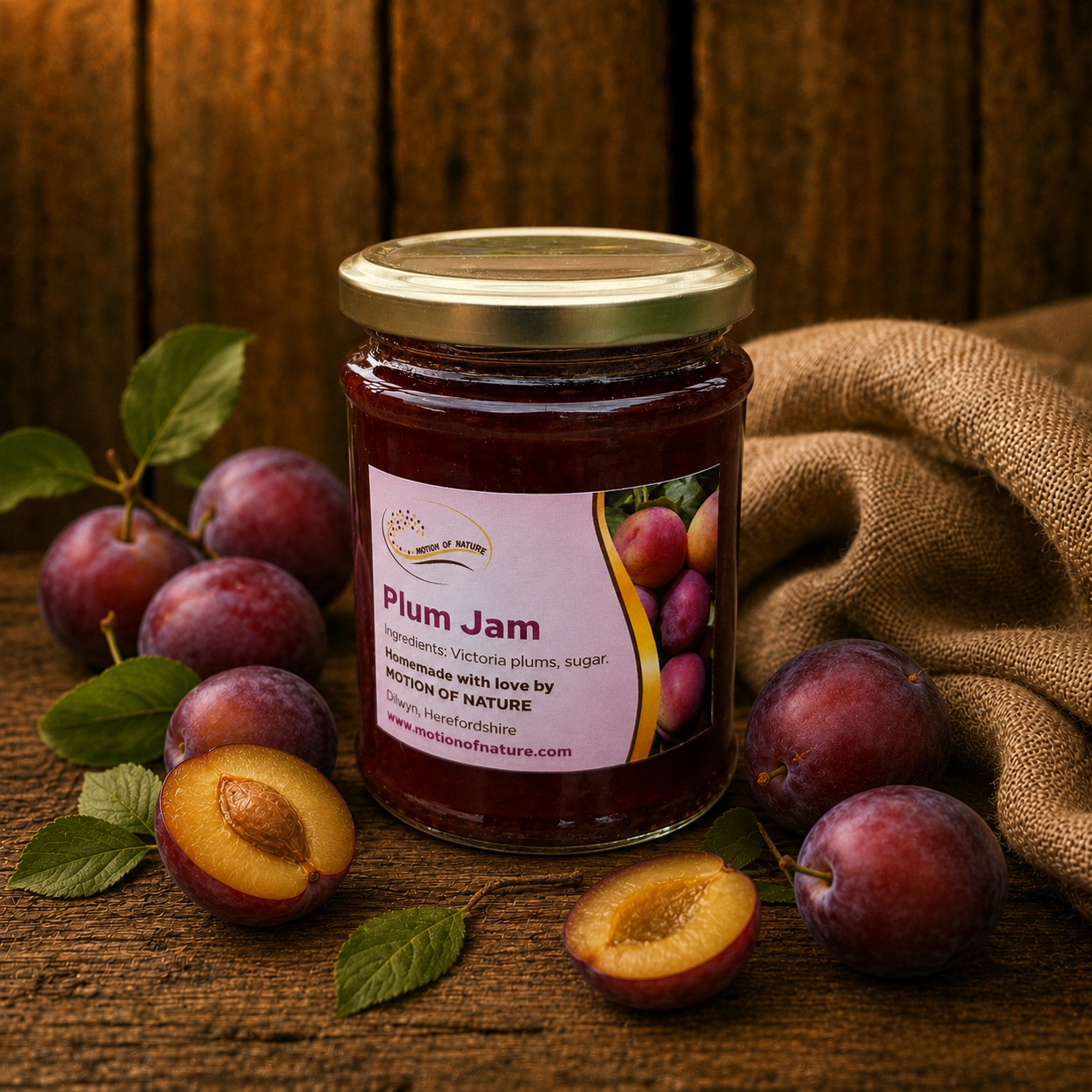 Jar of Plum Jam with plums and a cloth on a wooden surface