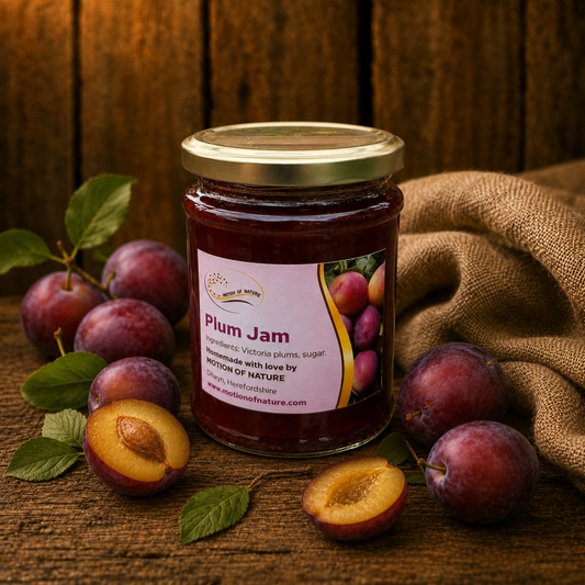 Jar of Plum Jam with plums and a cloth on a wooden surface