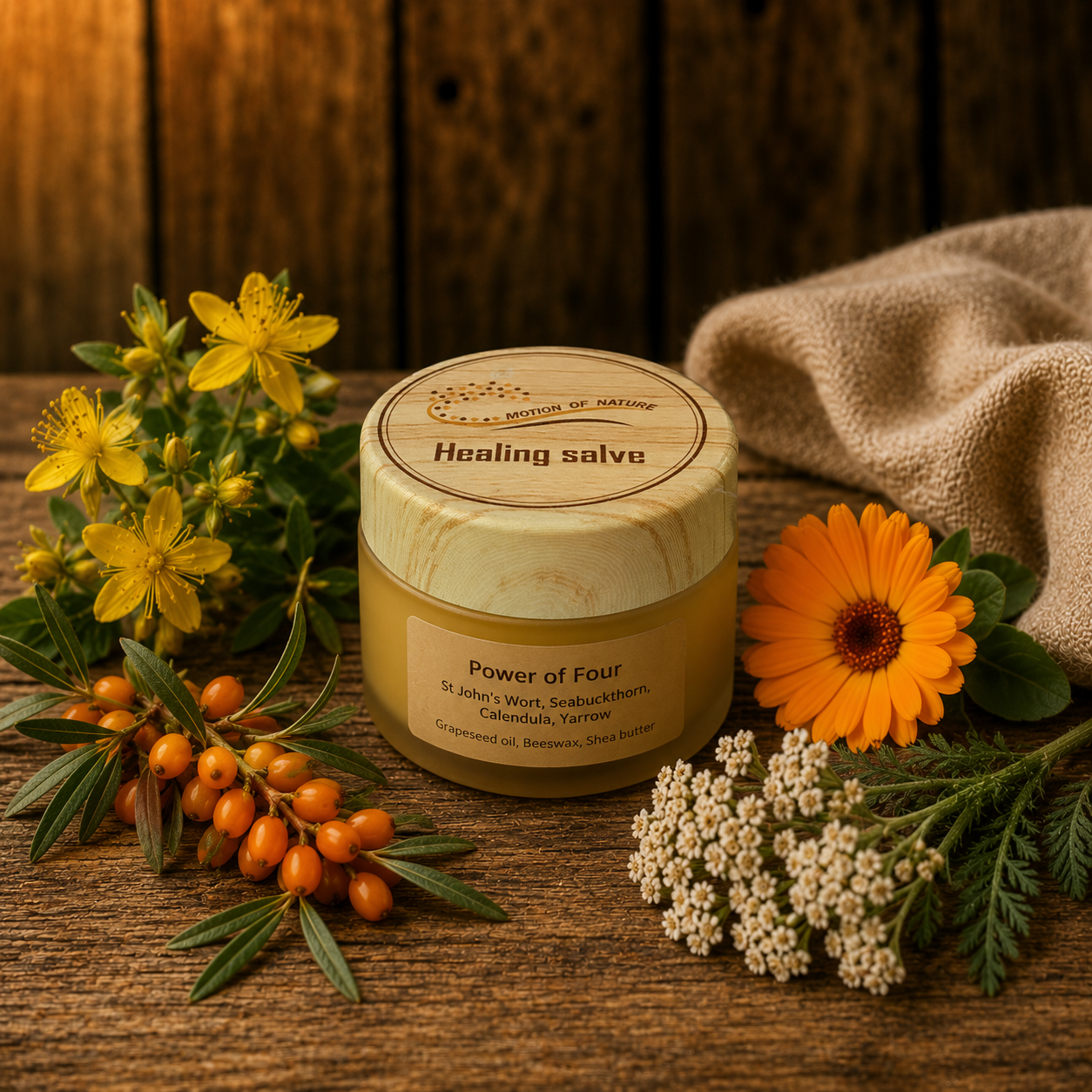 Healing salve jar with natural ingredients on a wooden surface